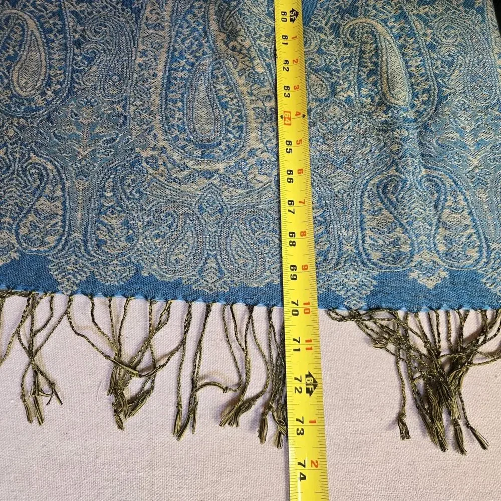 Pashmina Cashmere Blue Paisley Scarf Soft Lightweight Fringe Hem Boho 27